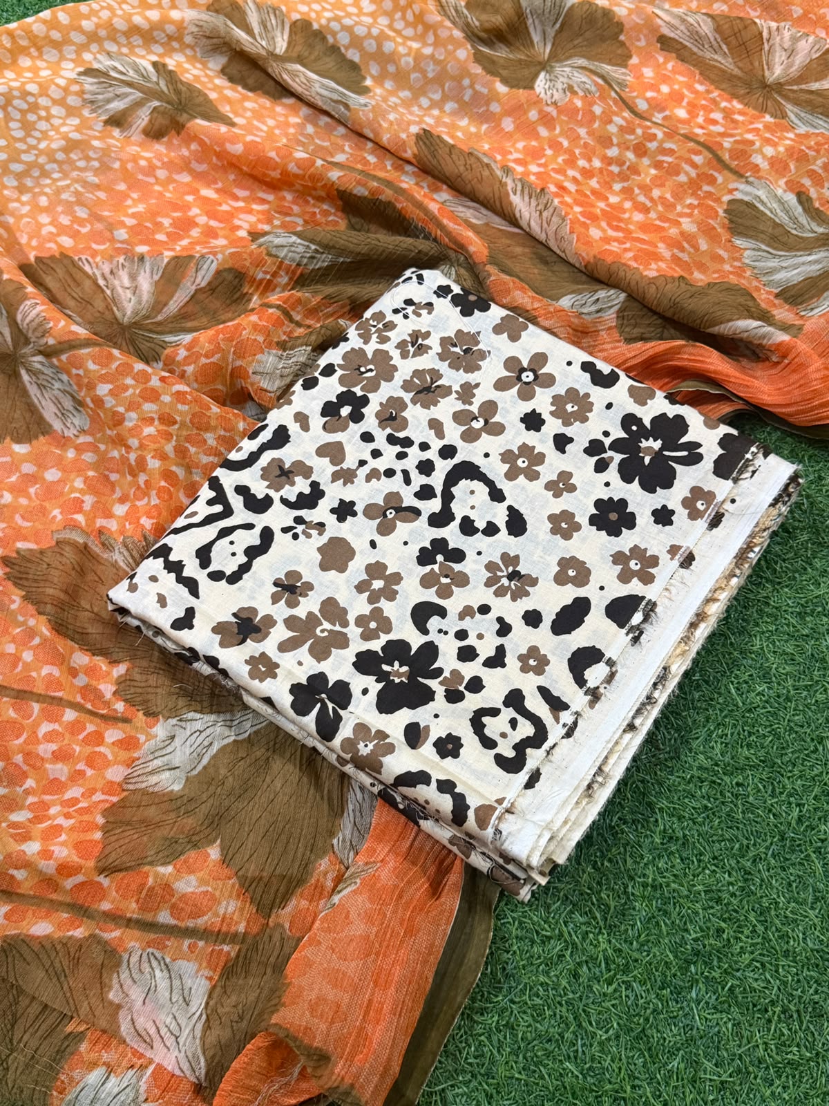 Lawn Unstitched 3 Pcs - White Orange Brown Floral