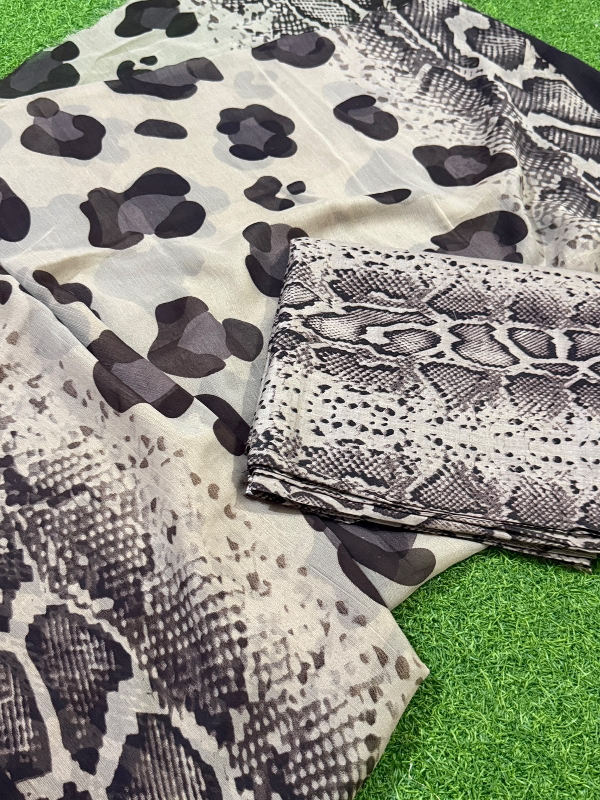 Lawn Unstitched 3 Pcs - Grey Black Leopard Snake Print