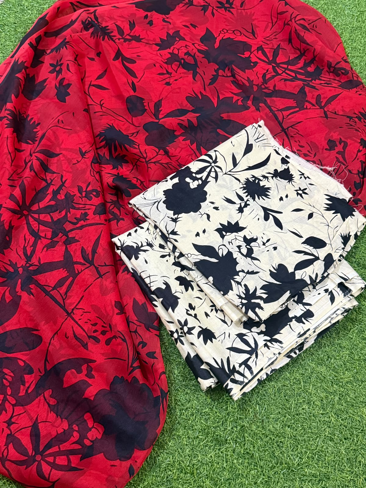 Lawn Unstitched 3 Pcs - White Black Silhouette Floral