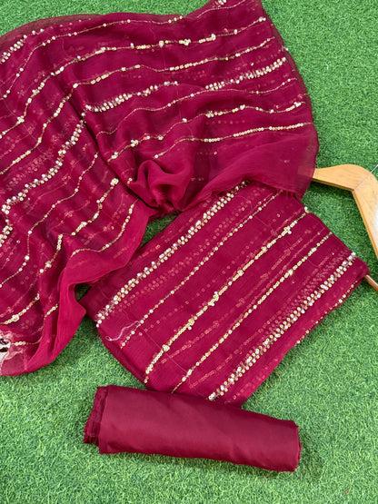 3 piece unstitched  shaffon dress with pearl work NWSH-2026
