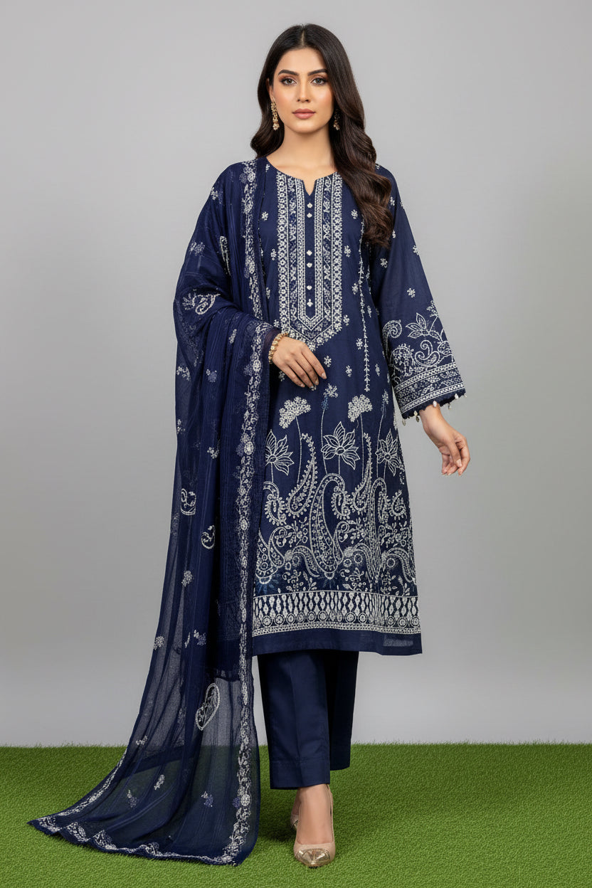 Blue  doriya lawn embroidered 3 piece suit NWBL-2026
