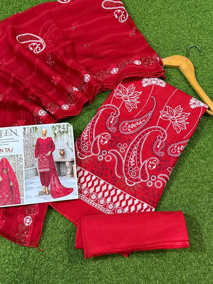 Red Doriya Lawn Embroidered 3 Piece Suit for Women NWRD-2026