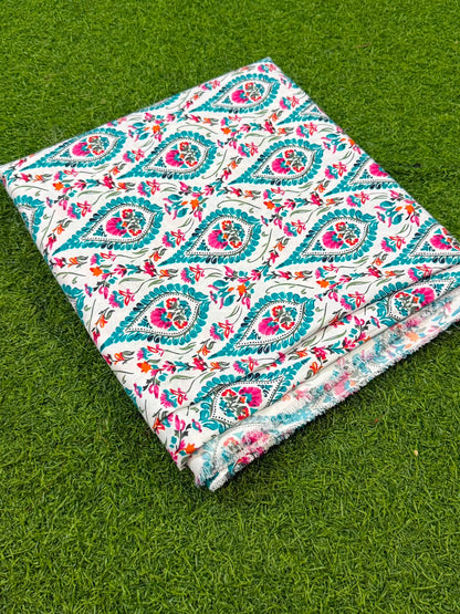 Printed Unstitched Poly Lawn 2 Pcs - White Teal Paisley