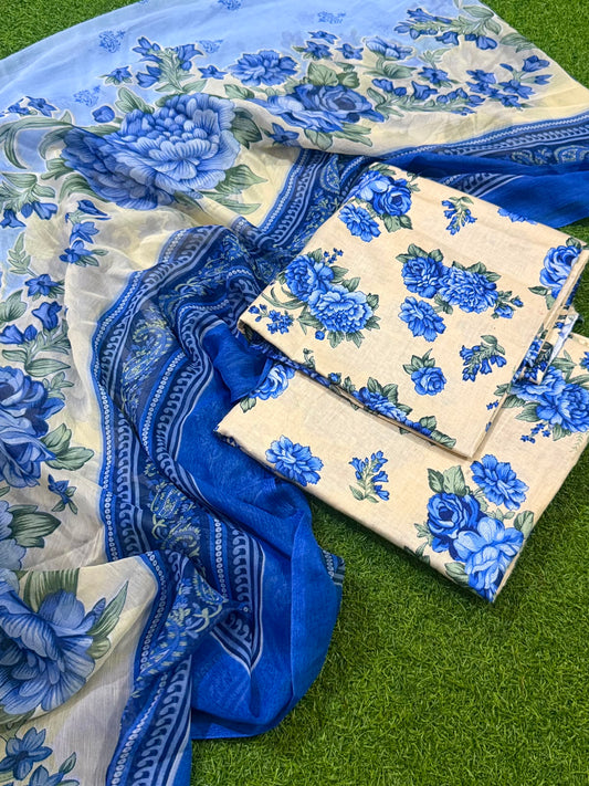 Lawn Unstitched 3 Pcs - Cream Blue Rose Floral