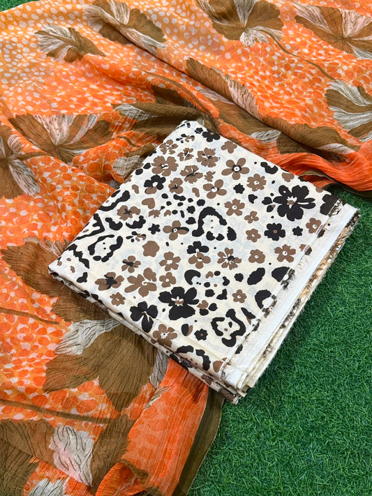 Lawn Unstitched 3 Pcs - White Orange Brown Floral