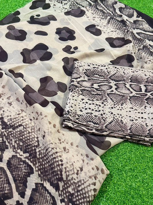 Lawn Unstitched 3 Pcs - Grey Black Leopard Snake Print