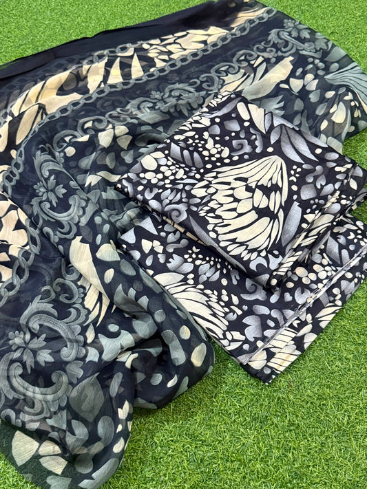 Lawn Unstitched 3 Pcs - Black White Grey Abstract