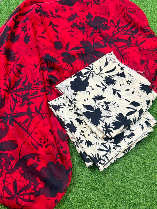 Lawn Unstitched 3 Pcs - White Black Silhouette Floral