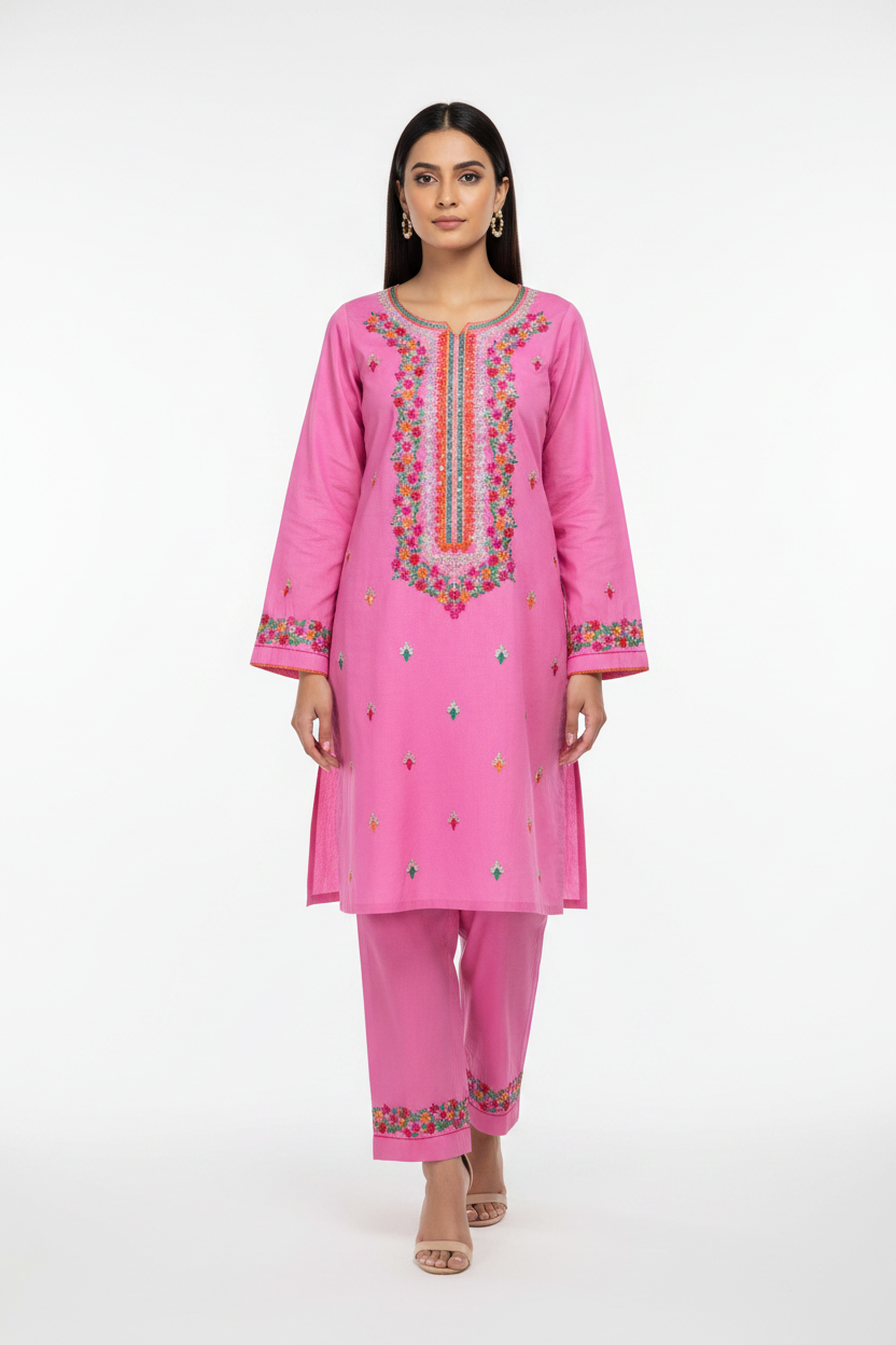 Pink Cotton 2-Piece Suit - AI Model Shot