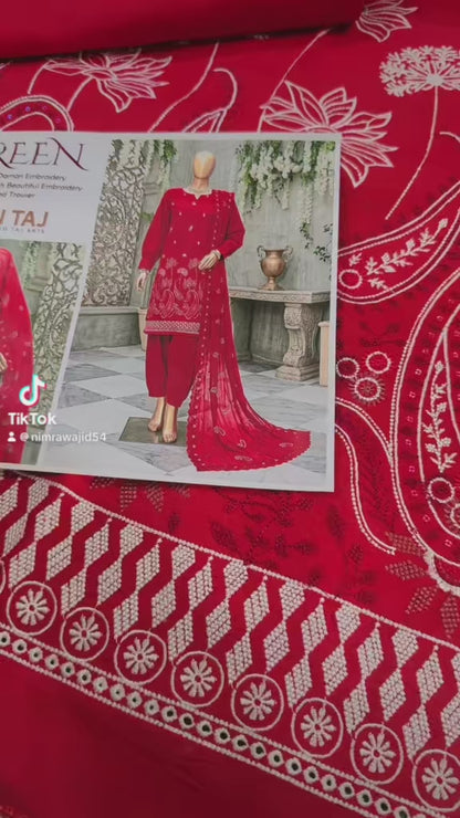 Red Doriya Lawn Embroidered 3 Piece Suit for Women NWRD-2026