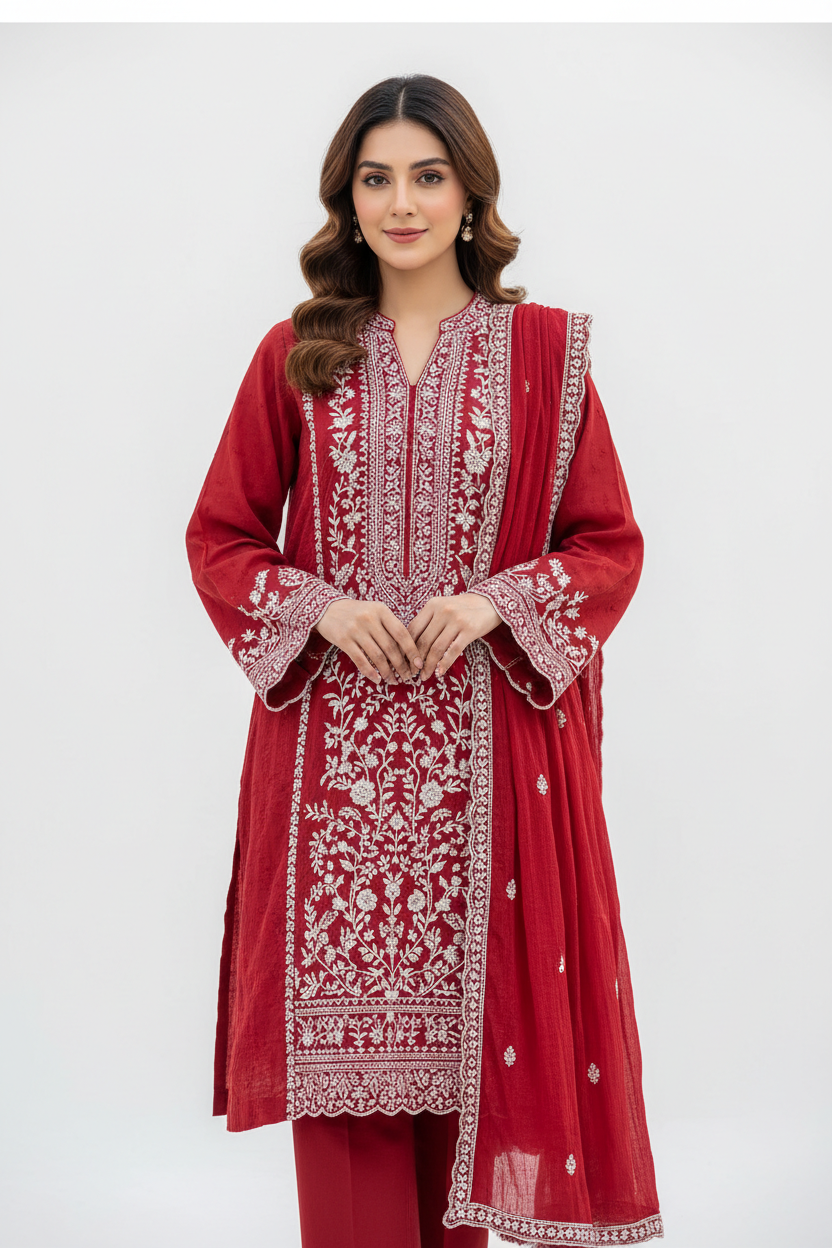 Red Doriya Lawn - AI Model Image