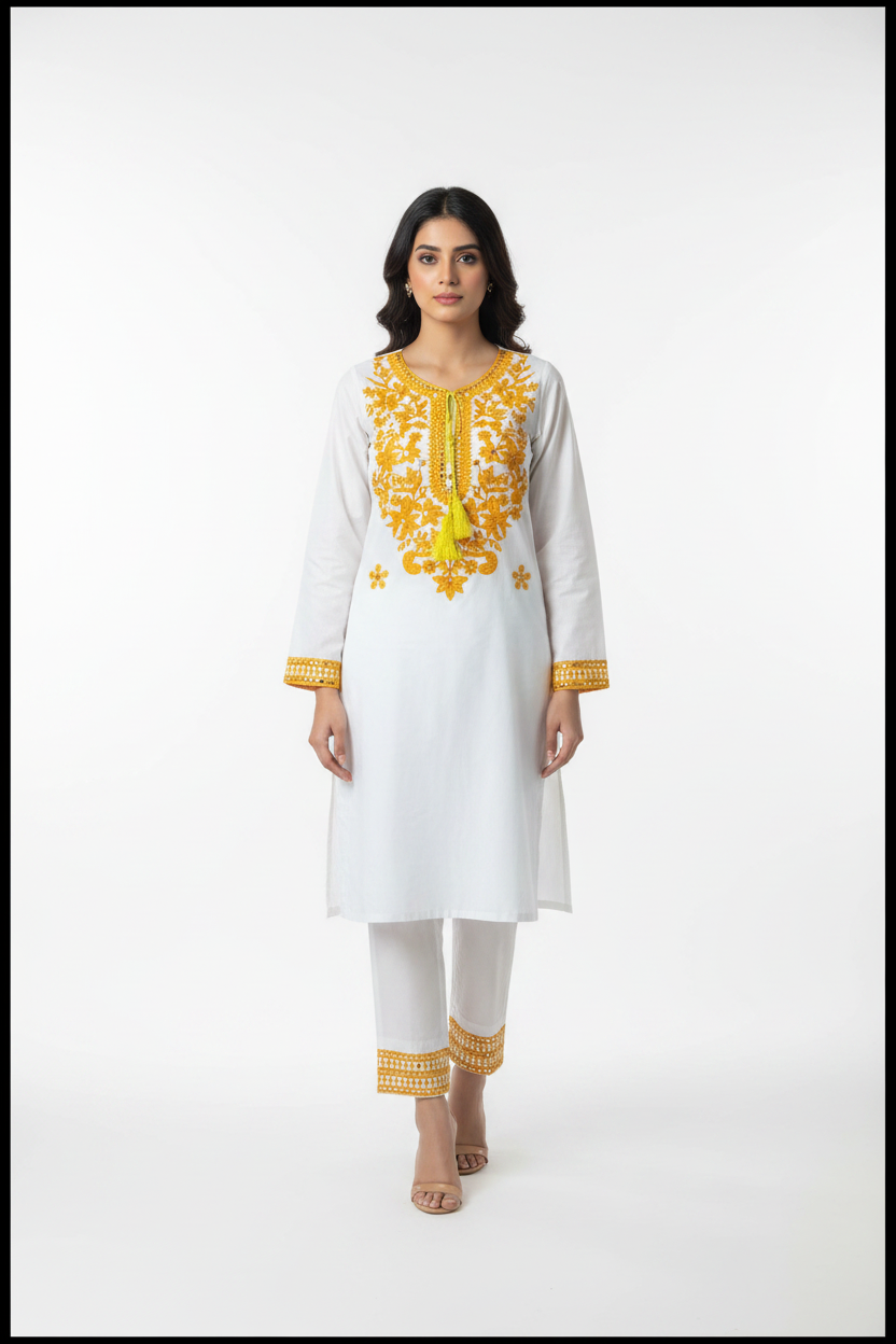 White Cotton Suit - Neckline Embroidery Only