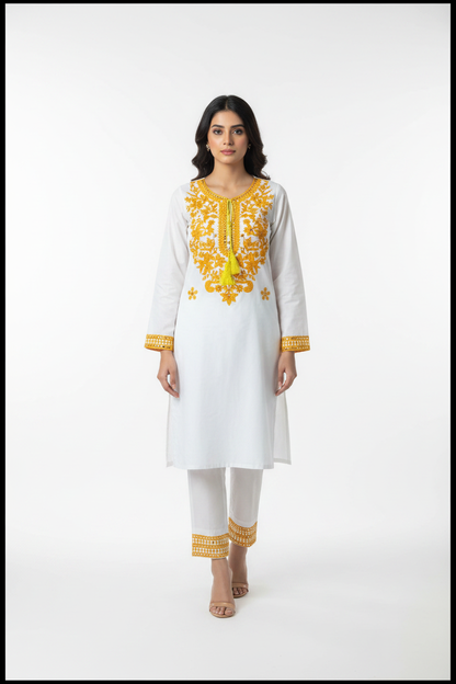 White Cotton Suit - Neckline Embroidery Only