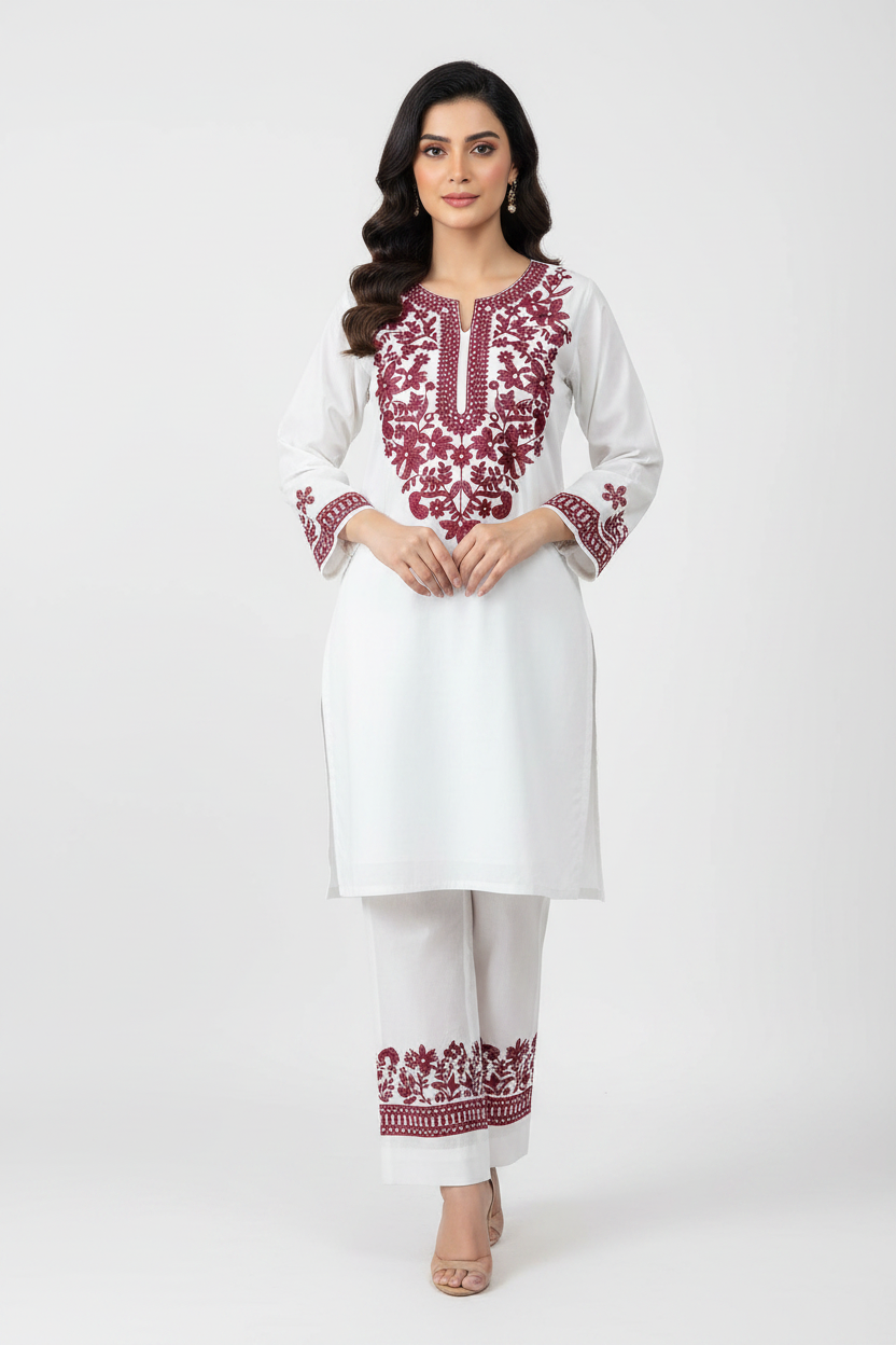 White Suit - Neckline Embroidery + Trouser Border Only