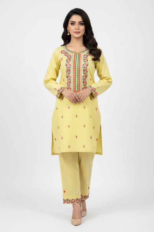 Yellow Cotton 2-Piece Suit - AI Model Shot